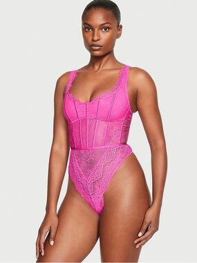 NWT Victoria's Secret Tease Sheer Stripe Lace-Trim Cupped Bodysuit in Pink